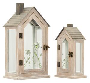 Lanterne Home Flower Coppia 18x13x36 cm in Legno e Vetro Marrone e Grigio e Verde