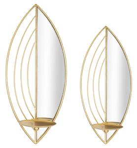 Porta Candele Leaf da Muro Coppia 18x13x42 cm - 15x13x35 cm in Ferro e Specchio Oro