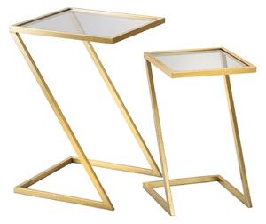 Tavolinetti Z Coppia 40x40x60 cm - 30x30x50 cm in Ferro e Vetro Oro