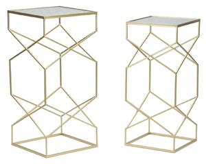 Tavolinetti Glassy Coppia 31,5x31,5x68 cm - 28x28x64 cm in Ferro e Vetro Oro