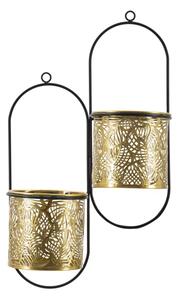Porta Vaso da Muro Doppio Hong 27x14x48 cm in Ferro Nero e Oro