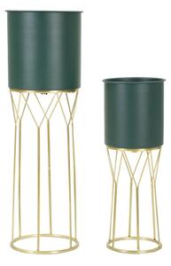 Porta Vasi Grent Stand Set 2 Pz Ø23x70 cm - Ø19x50 cm in Ferro Verde e Oro