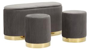 Panca con Contenitore e Sgabelli Shopy Grigia Set 3 Pz 80x37x42 cm - Ø29x35 cm in Ferro e MDF e Spugna e Poliestere Grigio e Oro