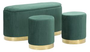 Panca con Contenitore e Sgabelli Shopy Verde Set 3 Pz 80x37x42 cm - Ø29x35 cm in Ferro e MDF e Spugna e Poliestere Verde e Oro