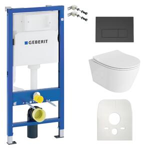 DOMINO Geberit Duofix Basic Elemento per parete + WC a parete con scarico profondo Praia Vaso bianco senza brida + Pannello di comando nero Delta 25 per doppio scarico | Set