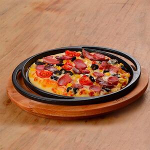 Paderno Piatto Pizza Rotondo 20 Cm in Ghisa Smaltata e Supporto Servire in Legno