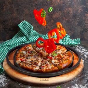 Paderno Piatto Pizza Rotondo 28 Cm in Ghisa Smaltata e Supporto Servire in Legno
