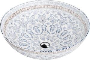 LAVITA Lavabo da appoggio Folklor | Lavabo da appoggio rotondo | Lavabo senza troppopieno e foro per rubinetto | In porcellana di alta qualità | Lavabo | 40x40x13,5 | Bianco/blu