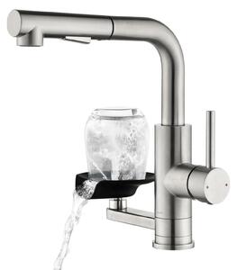 Rubinetto per lavabo con pulitore per vetri - Estraibile - Monocomando - Acciaio inox spazzolato 304 - Doppia bocca