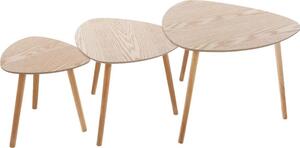 Set di tre tavolini da caffè con piano arrotondato abbinato a gambe in legno