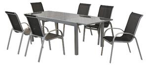 Set di mobili da giardino Merxx Amalfi nero 7 pezzi, 6 sedie impilabili, 1 tavolo allungabile 140 (200) x 90 cm - alluminio/tessuto