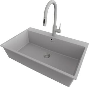 Lavello PRIMAGRAN in granito grigio 78x50cm, lavello 1 vasca + rubinetto cucina 40x20cm + set di scarico, lavello cucina da base 80 cm - Riga