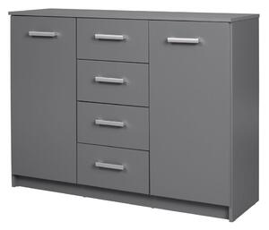 Credenza bassa con due ante e quattro cassetti, in laminato grigio
