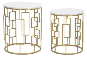 Tavolinetto Cube Coppia Ø46x55-39x48 cm in Ferro e Marmo Oro e Bianco