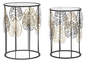 Tavolinetti Foglie Glam Coppia Ø38x55-33x50 cm in Ferro e Vetro Nero e Oro