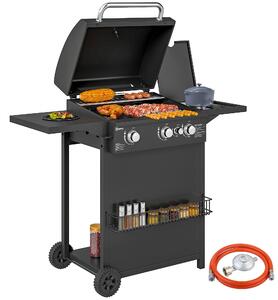 Barbecue a Gas con Bruciatori Indipendenti, Coperchio con Termometro e Tavolino Laterale, Nero