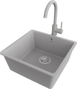 Lavello PRIMAGRAN in granito grigio 46x44cm, lavello 1 vasca + rubinetto cucina 32x20cm + set di scarico, lavello cucina da base 50 cm - Venice Slim Easy