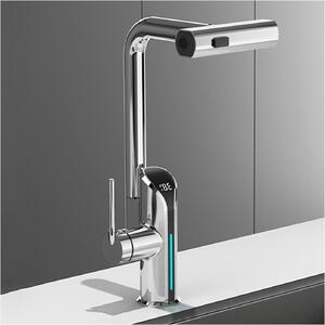 Rubinetto da cucina con LED - Miscelatore monocomando per piano cottura - Controllo del flusso d'acqua - Bocchetta a cascata - 3 modalità - Cromo