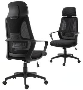 Sedia da Ufficio Reclinabile con Poggiatesta e Supporto Lombare, in Poliestere, 64x55x116-126 cm, Nero