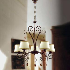 Lampadario Classico Figaro 5 luci in ferro marrone e cristalli paralumi avorio