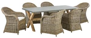 Set da pranzo da giardino Tavolo in cemento naturale 6 sedie in vimini in rattan con cuscini in cotone Beliani