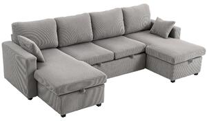 Divano Letto Moderno a U con 2 Chaise Longue e Vani Contenitore, Velluto a Coste, 282x140x86 cm, Grigio