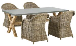 Set da pranzo da giardino Tavolo in cemento naturale 4 sedie in vimini in rattan con cuscini in cotone Beliani