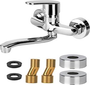 Rubinetto da cucina - Rubinetto a parete per lavello - Erogazione dell'acqua - Rotazione a 360 gradi - Braccio girevole da 25 cm - Cromato