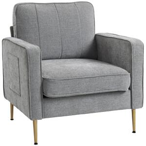 HOMCOM Poltrona in tessuto con piedi in acciaio dorato, grande comfort, tasche laterali, per salotto, ufficio, camera, grigio | Aosom Italy