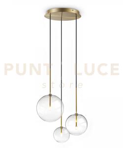 Equinoxe sospensione in vetro trasparente e ottone antico 3 luci at