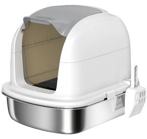 PawHut Lettiera in acciaio inox con coperchio, toilette per gatti con vaschetta, paletta, per gatto fino a 5 kg, 52,4 x 41,3 x 42 cm, Bianco | Aosom Italy