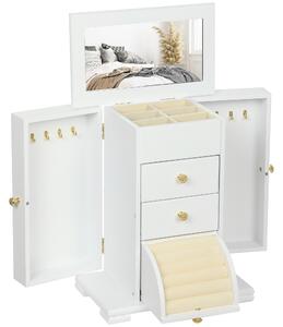 HOMCOM Portagioie Donna a 4 Livelli, Cofanetto in Legno con Ali, Specchio e 2 Cassetti, 26,5x16 x33,5 cm, Bianco | Aosom Italy