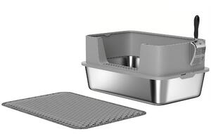 PawHut Lettiera per Gatti in Acciaio Inossidabile Apribile con Paletta, Bordo Alto e Tappetino per gatti fino a 7 kg 60,2 x 40,2 x 29,5 cm, Grigio | Aosom Italy