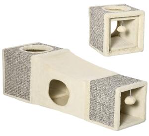 PawHut Tunnel per Gatti Pieghevole con Casette, Tiragraffi e Pallina in Peluche e Sisal, Crema