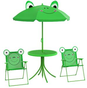 Outsunny Set Tavolo da Giardino con 2 Sedie Pieghevoli e Ombrellone per Bambini in Metallo e Poliestere, Verde|Aosom