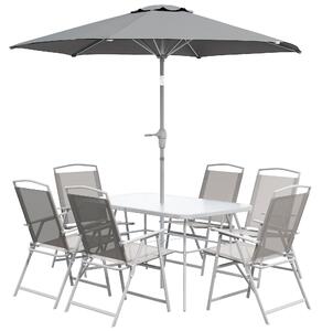 Outsunny Set da Giardino con Tavolo da Pranzo, 6 Sedie Pieghevoli e Ombrellone a Manovella, Grigio|Aosom