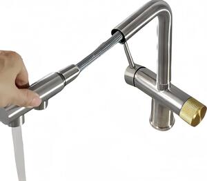 Rubinetto da cucina estraibile - Rubinetto per lavello monocomando - Per uso quotidiano - Costruzione in ottone massiccio - Altezza 40 cm - Finitura in nichel spazzolato
