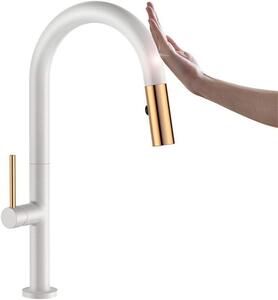 Rubinetto da cucina con sensore - Rubinetto per lavello a induzione - Igiene ottimale - Doccetta estraibile - Design ad arco alto - Bianco