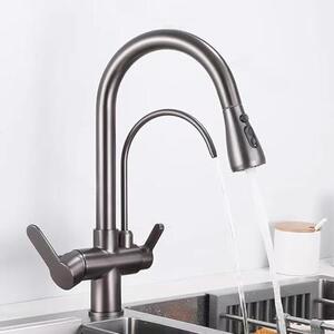 Miscelatore da cucina estraibile - Rubinetto da cucina a due maniglie - Ideale per un lavaggio rapido - Miscelatore a 3 vie con filtro - Lunghezza del tubo: 60 cm - Colore: grigio
