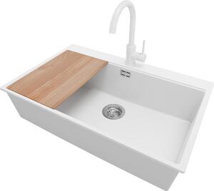 Lavello PRIMAGRAN in granito bianco 78x50cm, lavello 1 vasca + rubinetto da cucina 32x20cm + set di scarico + tagliere, lavello da cucina da base 80 cm - Oslo