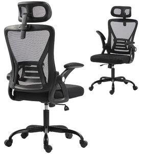 Sedia Ufficio Ergonomica con Braccioli Ribaltabili, Poggiatesta e Altezza Regolabili, in Rete Traspirante, Nero