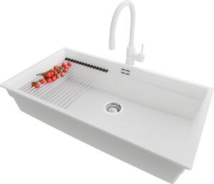 PRIMAGRAN lavello sottopiano in granito bianco 86x47cm, lavello 1 vasca + set di scarico + set di accessori da cucina, lavello in granito da base 90 cm - Praga