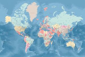 Mappa Light blue and pastels detailed world map, Blursbyai, (40 x 26.7 cm)