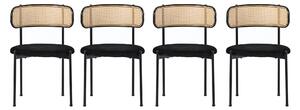 Set 4 sedie da pranzo in tessuto effetto velluto con Gambe in Metallo e Schienale in Rattan, 60x18x86 cm, Nero