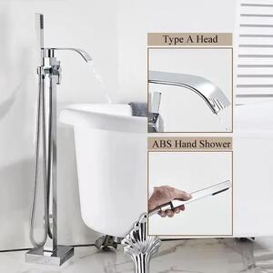 Miscelatore per vasca da bagno freestanding, con erogatore a cascata, doccetta manuale, finitura cromata