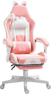 HOMCOM Sedia da Gaming Ergonomica con Orecchie da Gatto, Poggiapiedi, Supporto Lombare e Cervicale, Rosa