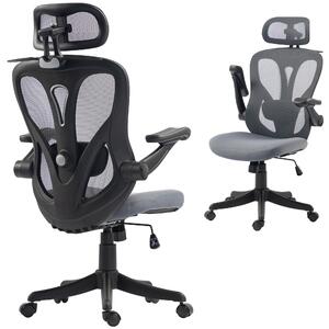 HOMCOM Sedia Ufficio Ergonomica, Braccioli Ribaltabili 3D, Poggiatesta 2D, Appendiabiti, in Rete, Grigio Scuro