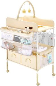 Comodino pieghevole con 2 scomparti in tessuto, asta appendiabiti, struttura regolabile in altezza, ruote con freno e 2 stelle, colore beige