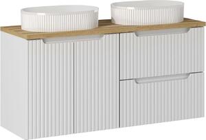 Mobile Bagno Doppio Bianco Scanalato 120 Cm Con Piano In Rovere E 2 Lavabi