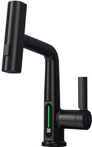 Rubinetto girevole a 360 gradi con braccio estensibile, indicatore di temperatura a LED, 3 getti d'acqua, miscelatore da cucina, rubinetto per cucina e bagno (nero)